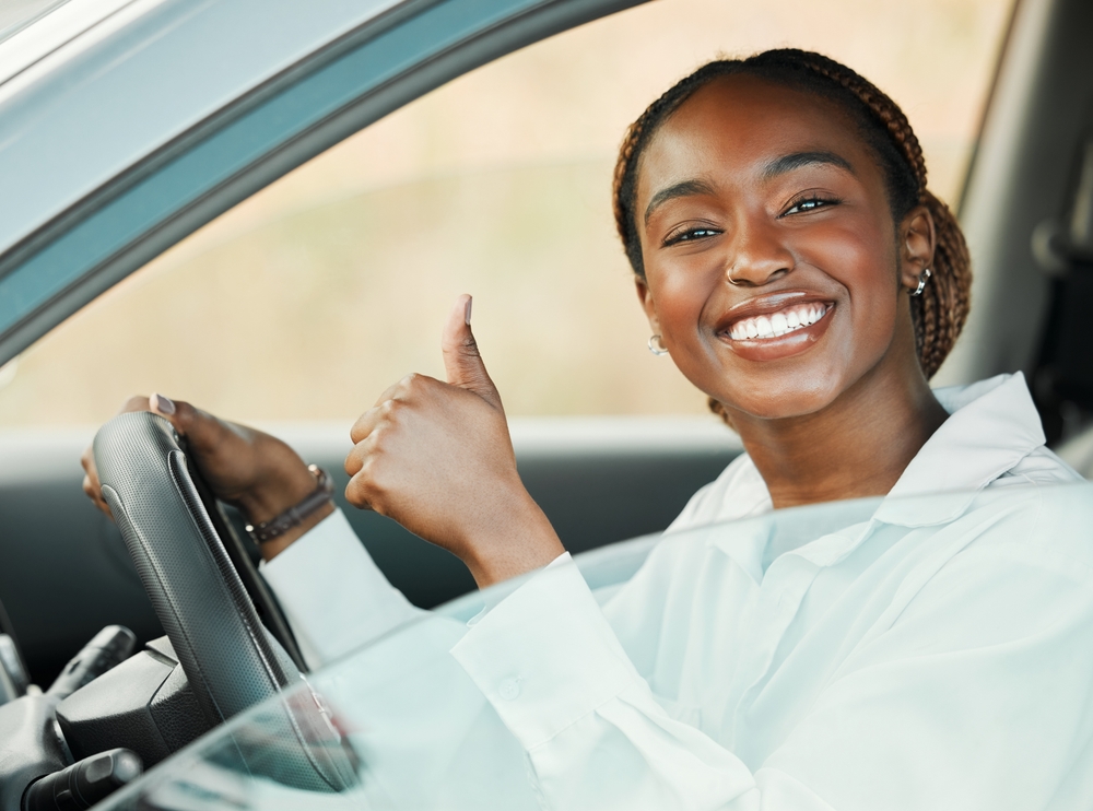 New,Car,,Smile,Or,Portrait,Of,Black,Woman,With,Thumbs